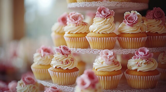 Elegant tiered cupcake display with delicate pink rose decorations