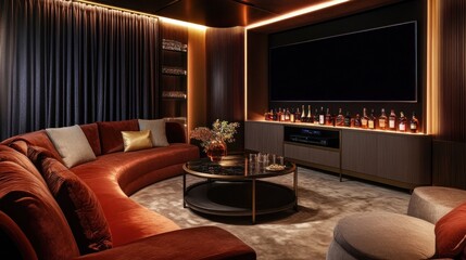 Cozy modern living room with a curved sofa and dim lighting