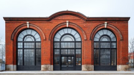 Obraz premium Architectural blend of historic red brick facade and streamlined arched windows on a renovated urban building
