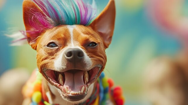 Funny dog with quirky hairstyle bouncing happily with big playful grin. Animal humor concept