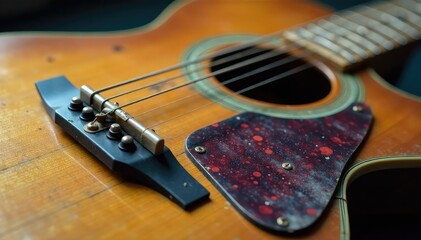 Close-up of a worn guitar, bluesy vibe Aged wood, weathered strings, vintage feel , fretboard, blues music