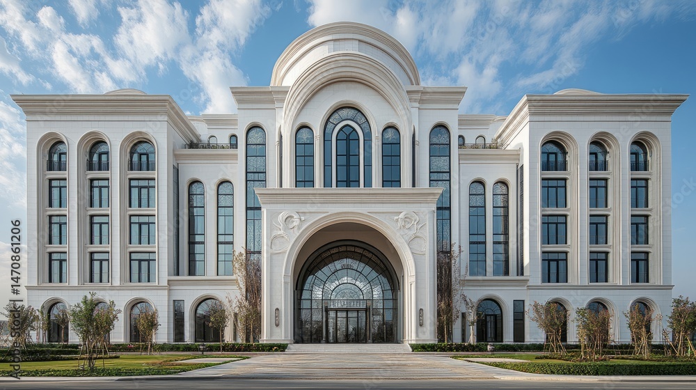 Poster bright white multi-story building with symmetrical arched windows and a broad, open archway at groun