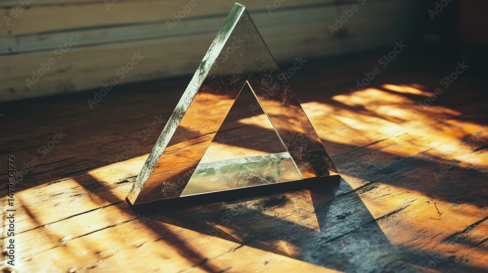 Poster a reflective triangular object sits atop a wooden surface