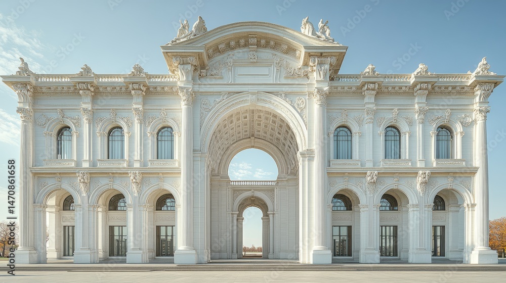 Poster contemporary white structure with architectural echoes of classicism--tall with many arched windows 