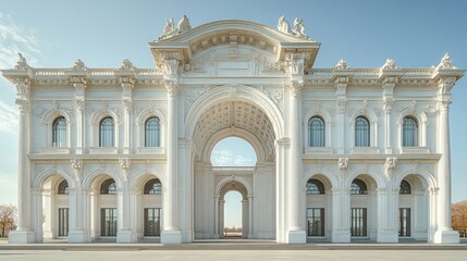Fototapeta premium Contemporary white structure with architectural echoes of classicism--tall with many arched windows and a huge arch below