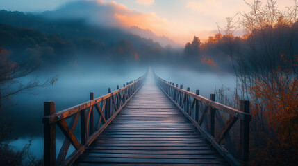 Wooden bridge surrounded by misty hills and soft morning light