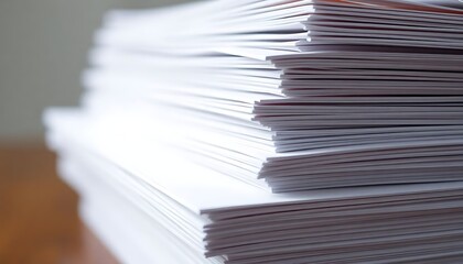 stack of papers sitting on top of a wooden table