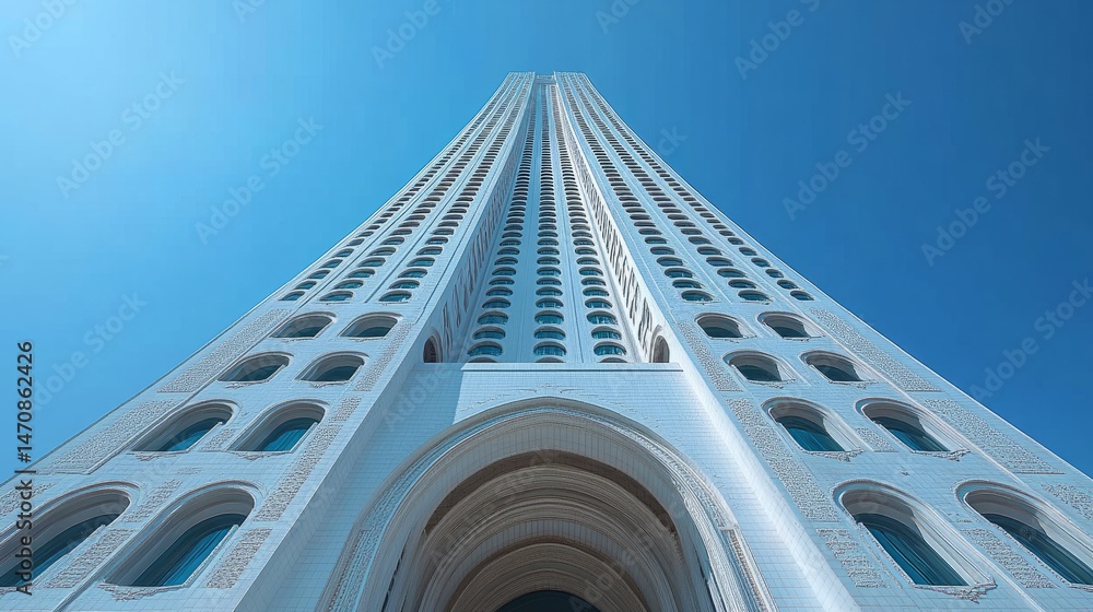 Poster elegant architecture of a high-rise white structure with a series of arched windows and a massive ar