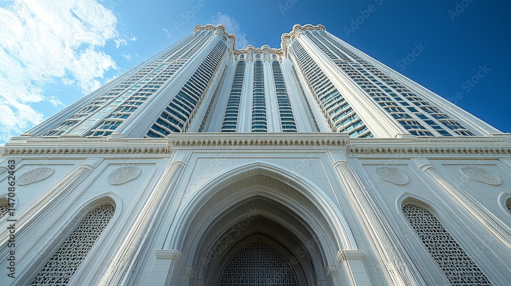 Poster elegant architecture of a high-rise white structure with a series of arched windows and a massive ar