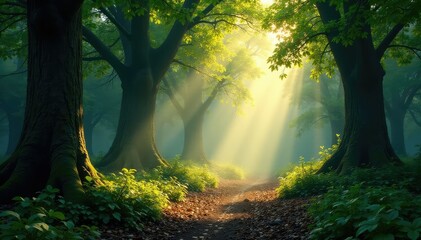 Deep shadows and dappled sunlight filter through a dense, ancient forest , calm, deep forest