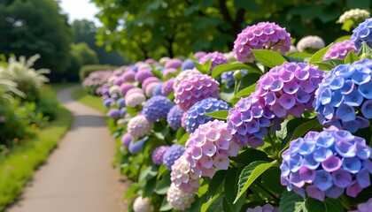 Obraz premium a serene outdoor setting with a pathway leading towards a field of vibrant purple and blue flowers,