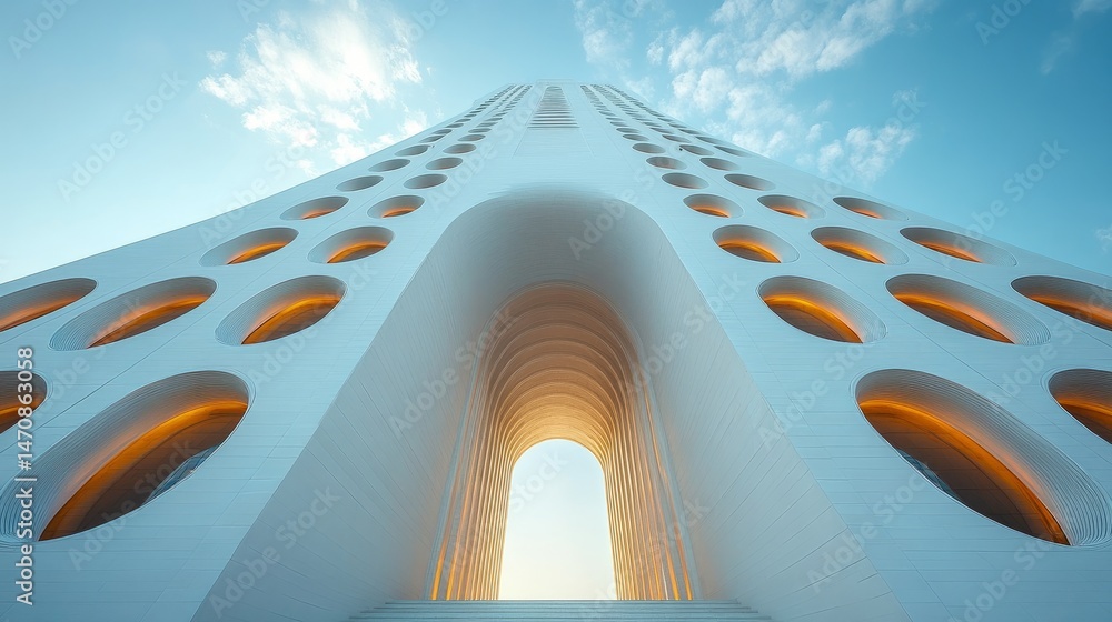 Poster exterior view of a tall, white architectural structure dominated by vertical rows of arched windows 