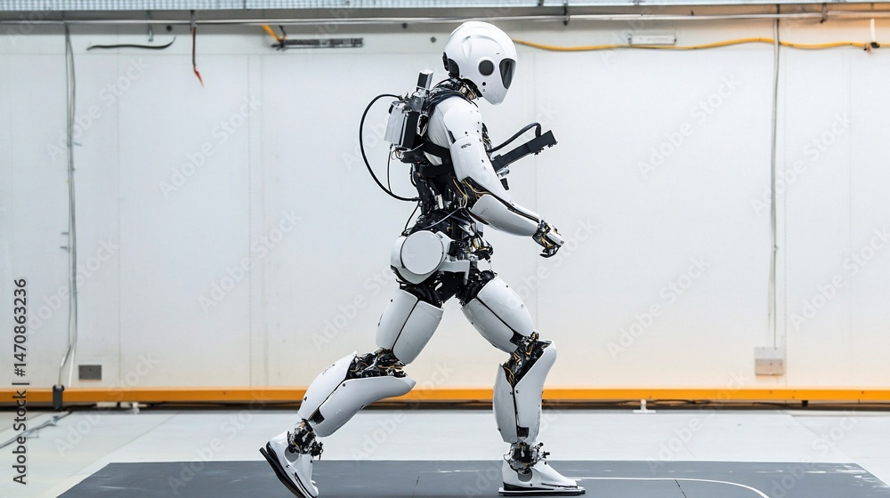Poster humanoid robot in motion: advanced robotics and futuristic technology concept
