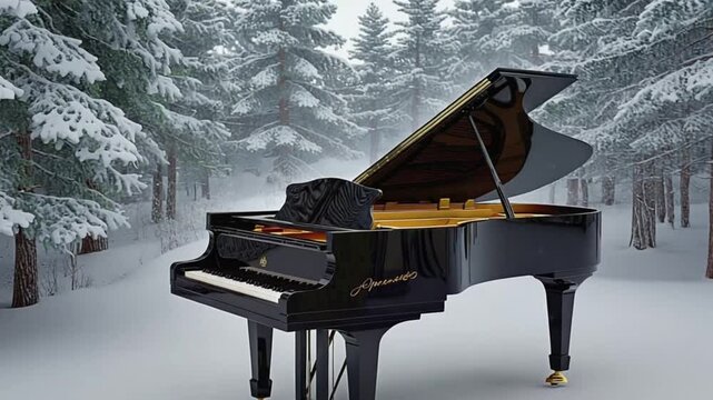 Grand piano in snow covered forest musical instrument in winter landscape