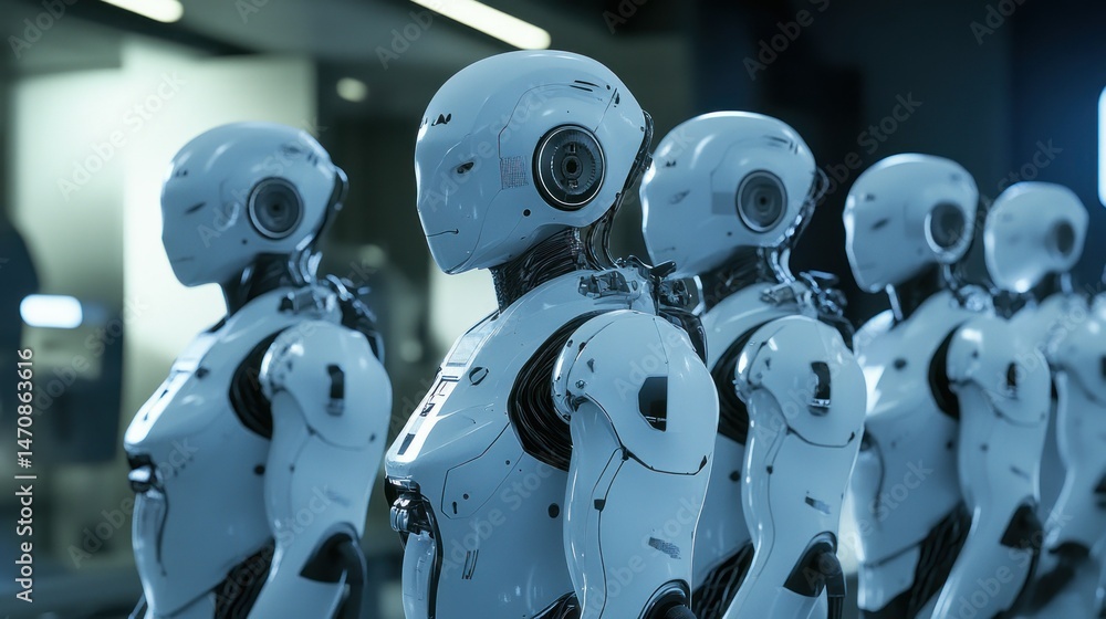 Aufkleber several humanoid robots are arranged in a line looking forward