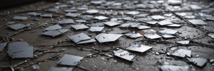 Naklejka premium Cracked tiles, broken glass shards, tangled wires, grimy surface , texture, decay
