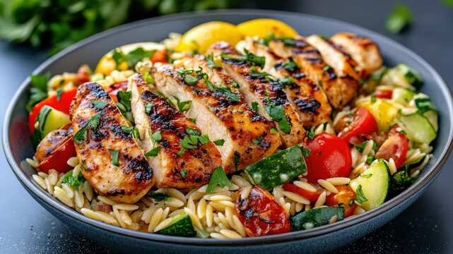 Grilled chicken with orzo pasta and fresh vegetables creates healthy meal with vibrant flavors.