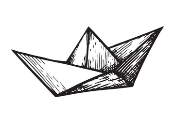 Black silhouette of a simple paper boat. Origami-style design with clean lines and minimal shading. Ideal for use in children’s crafts, educational materials, or nautical-themed illustrations