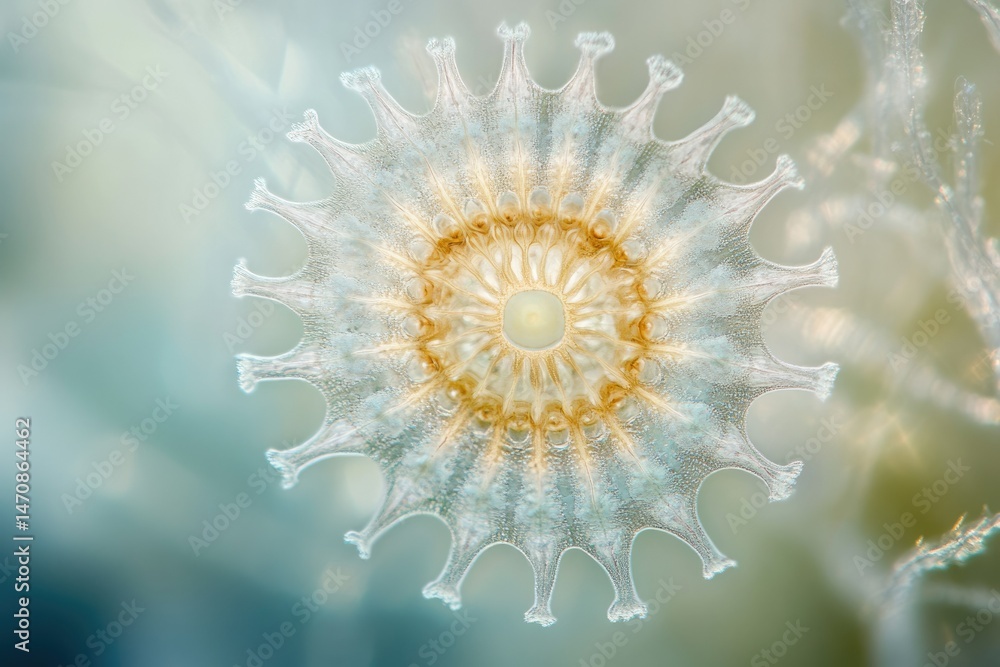 Poster microscopic view of a diatom, showcasing intricate radial symmetry and delicate structure.