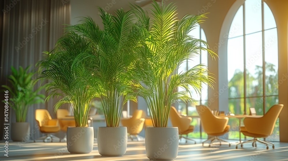 Poster modern workspace with a row of tall areca palms behind ergonomic chairs, framed by large arched wind