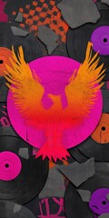 Grunge style phoenix in pink and orange over vinyl records with cracked textures and urban street art illustration
