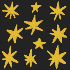 Obraz premium Stars set. Chalk texture kids freehand drawing shine twinkle. Crayon hand drawn brush scribble spark. Pastel pencil childish school doodle stickers collection. Sketch vector illustration isolated