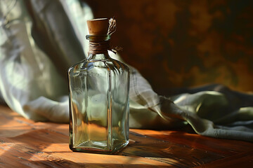 Vintage glass bottle with cork stopper on wooden surface softly illuminated by natural light next to draped fabric


