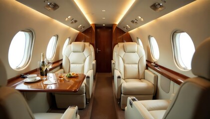 Luxury private jet interior, plush seating, champagne, exquisite details , interior, refined, rich