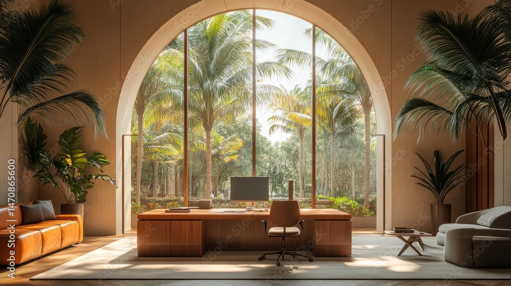 Poster soft daylight filters through arched windows into a workspace framed by elegant palms and modern off