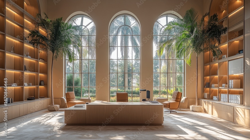 Aufkleber soft daylight filters through arched windows into a workspace framed by elegant palms and modern off