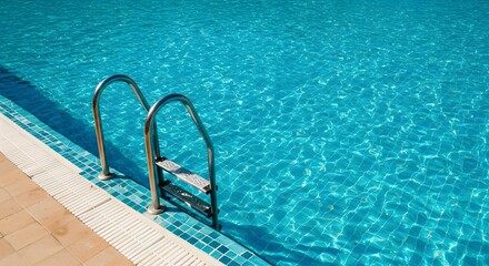 Sparkling Blue Swimming Pool with Chrome Ladder on Sunny Day