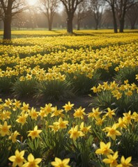 Obraz premium Sunlit daffodil field, vibrant yellow petals glistening , plant, flowers, meadow