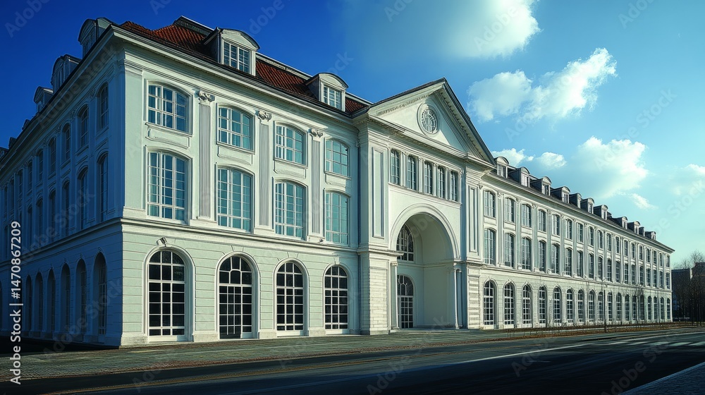 Aufkleber urban architecture showing an elegant tall white building lined with soft arched windows and a centr