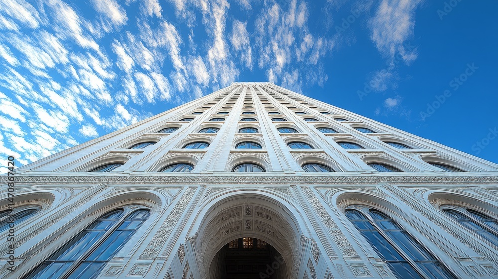 Poster vertical angle of a towering white building with repeating arched windows and a large arched passage