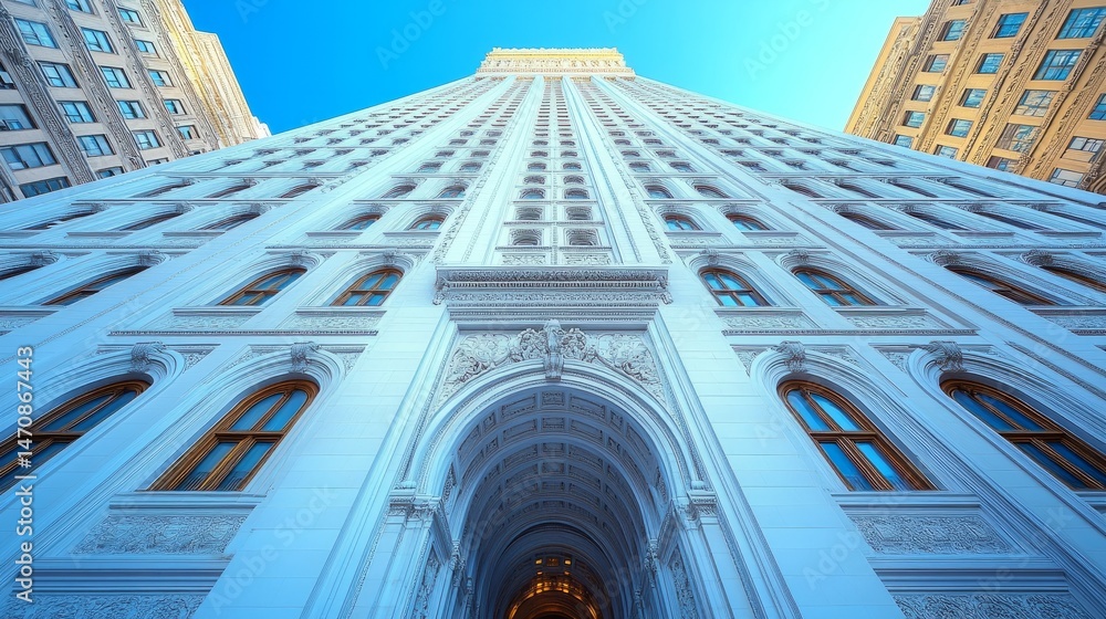 Poster vertical angle of a towering white building with repeating arched windows and a large arched passage