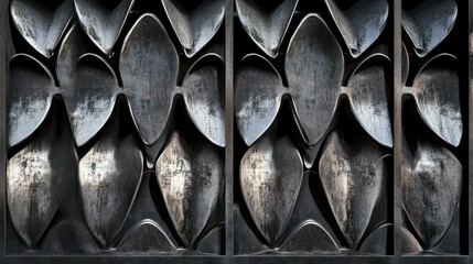 Metal panel showing a repeating pattern of leaf like shapes
