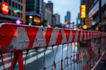 Barricade in the City: A close-up captures a safety barricade in the city streets, standing out with its vibrant red and white stripes against a backdrop of towering buildings.