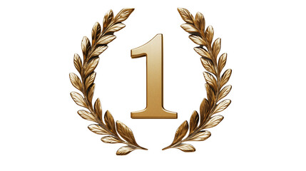 A set of gold laurel wreath with the number 1, symbolizing victory, isolated on a clean white background for award photography isolated on a transparent background
