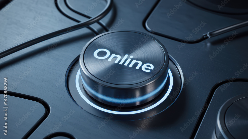 Poster online button on metallic control panel with blue light glowing symbolizing digital service and main