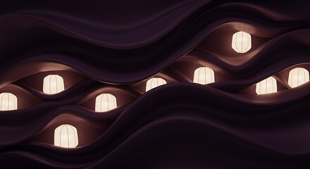 A mesmerizing abstract of small, warm-glowing cylindrical lanterns nestled in undulating valleys and peaks of luxurious dark purple or black silk fabric.