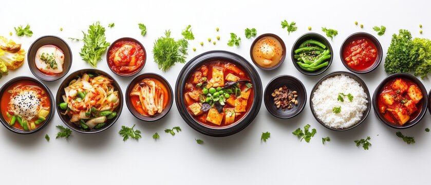 Assorted korean dishes arranged on a white surface
