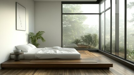 A modern bedroom with large windows looking out over nature
