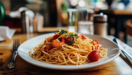 Plate of pasta with shrimp and cherry tomatoes.  Restaurant setting