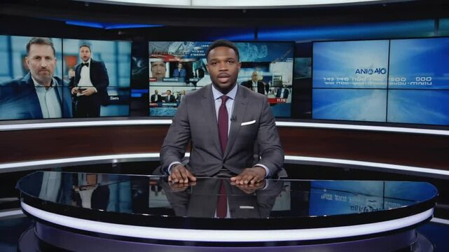 Professional news reporter at desk in a modern television studio