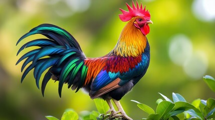 Fototapeta premium A vibrantly colored rooster perches on a green leafy branch