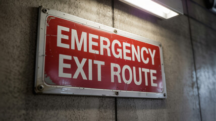 Naklejka premium Emergency exit route sign on wall for safety and maintenance in oil and gas industry service ensuring secure environment and quick evacuation