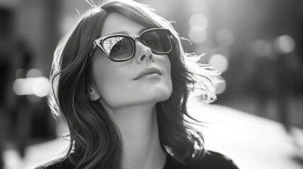A beautiful woman wearing sunglasses looks up into the sun