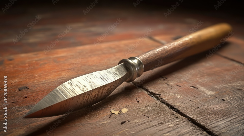 Poster a close up image of a sharp bladed woodworking chisel