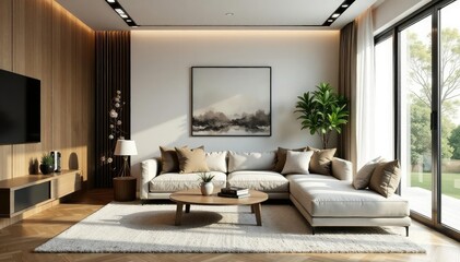 Stylish modern living room interior with elegant furniture and decor Cozy atmosphere, natural light , apartment, space