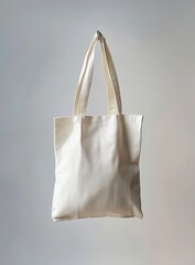 A simple, off-white tote bag hangs against a neutral backdrop